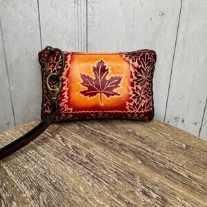 Genuine Leather Orange Red Maple Leaf Wristlet Leather Hand Painted Coin Purse